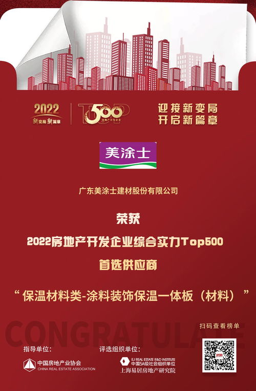 美涂士榮膺2022房地產開發企業綜合實力TOP500首選供應商，彰顯涂料裝飾保溫一體板行業領先地位